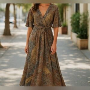Brown Flutter Sleeve Wrap Maxi Dress
